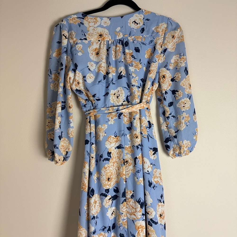 Mi Ami Women's Blue Yellow Floral Wrap Hi Low Midi Dress Size M - Picture 8 of 14